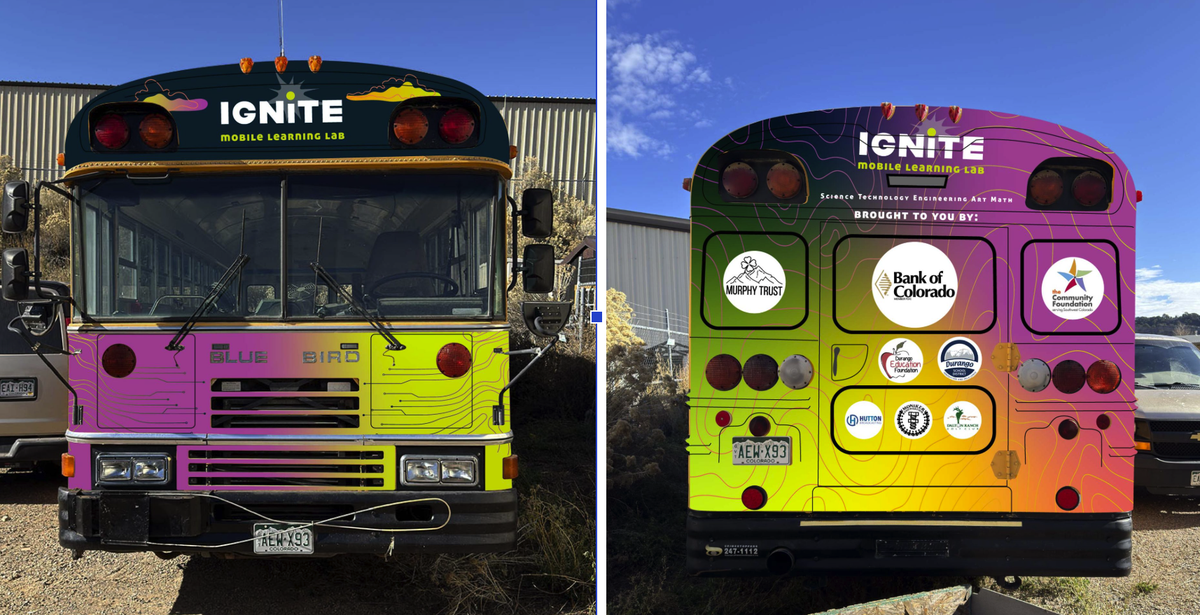 Front and back of Ignite Mobile Learning Lab bus