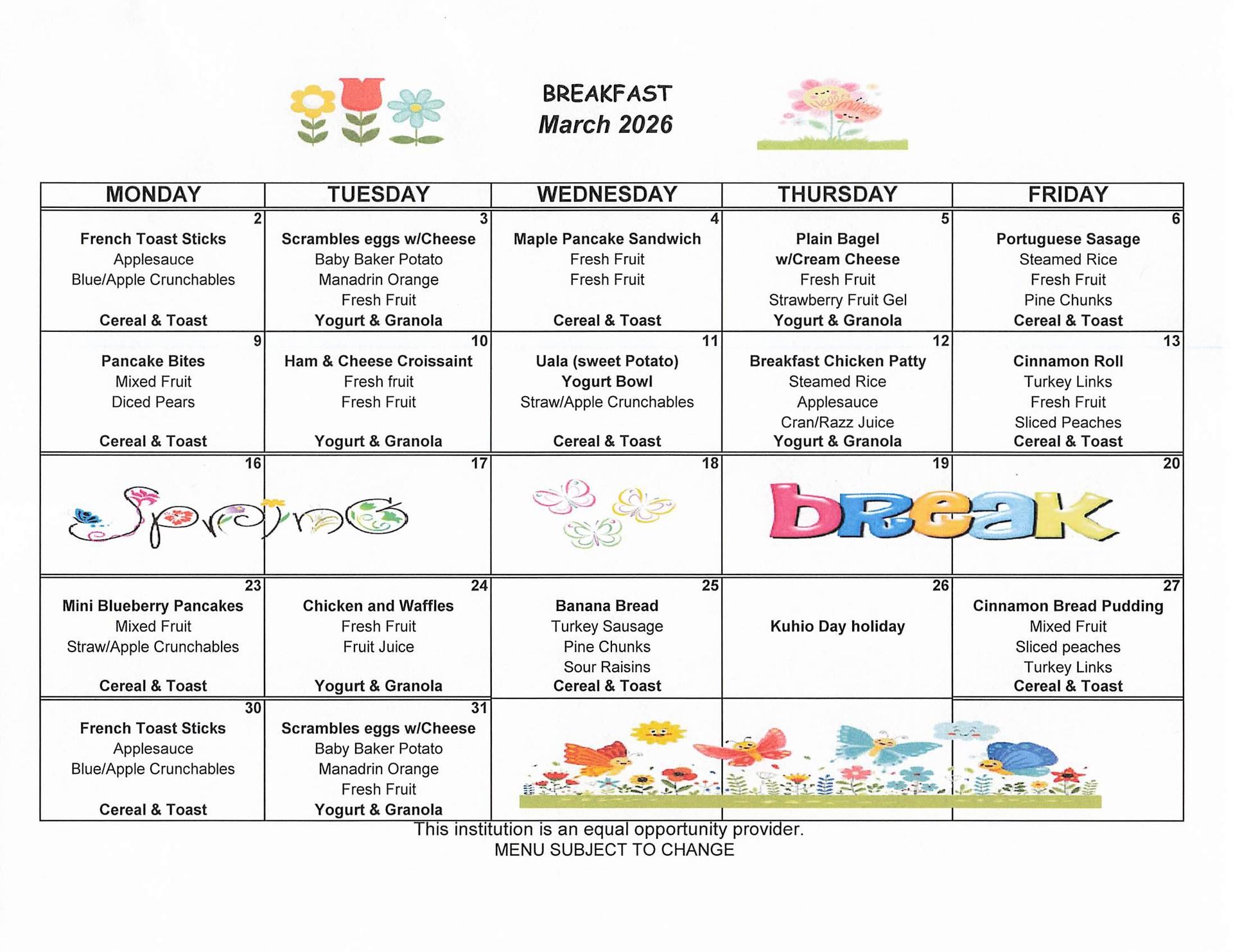 March Breakfast Menu