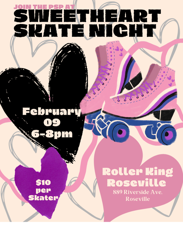 roller skates announcing family skate night, hearts and heart background