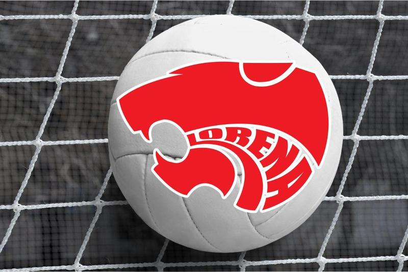 Volleyball net with volleyball in front of t with a red lorena logo