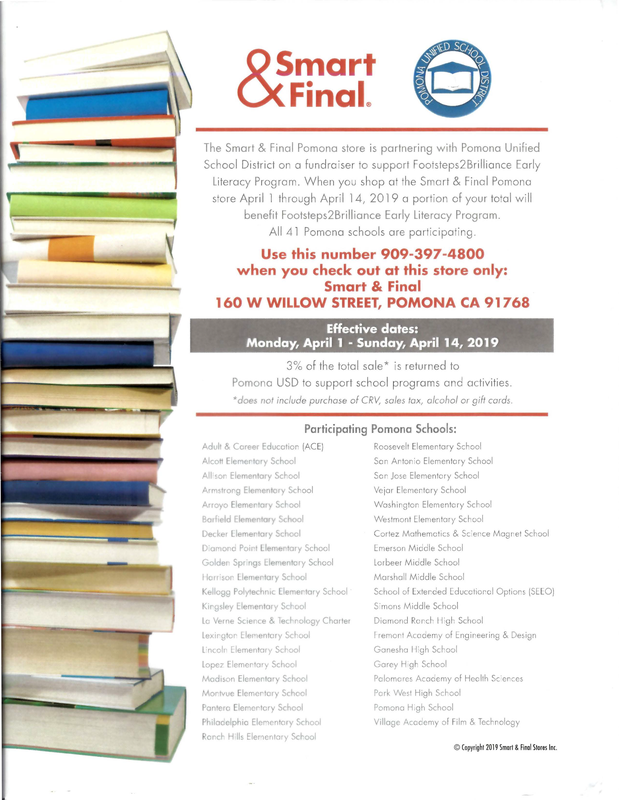 When you shop at the Smart & Final Pomona store April l through April 14, 2019 a portion of your total will benefit Footsteps2Brilliance Early Literacy Program. All 41 Pomona schools are participating. #Proud2bePUSD #CommunityEngagement #StudentSuccess