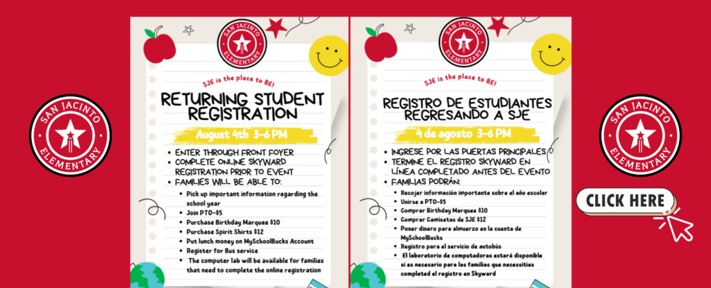 Flyer for returning student registration details in English and Spanish.