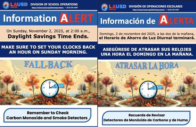 Set clocks back Sun., Nov. 2 at 2 a.m. / Retrasa tu reloj el dom. 2 de nov. a las 2 a.m.