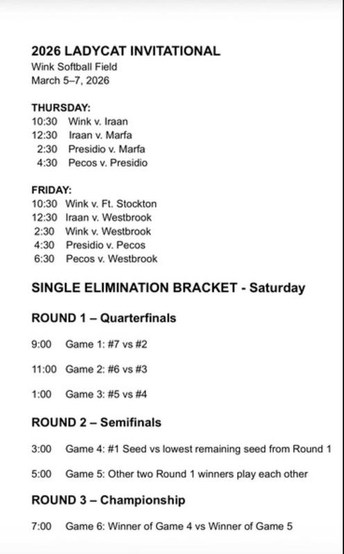 Wink Softball Tournament Schedule