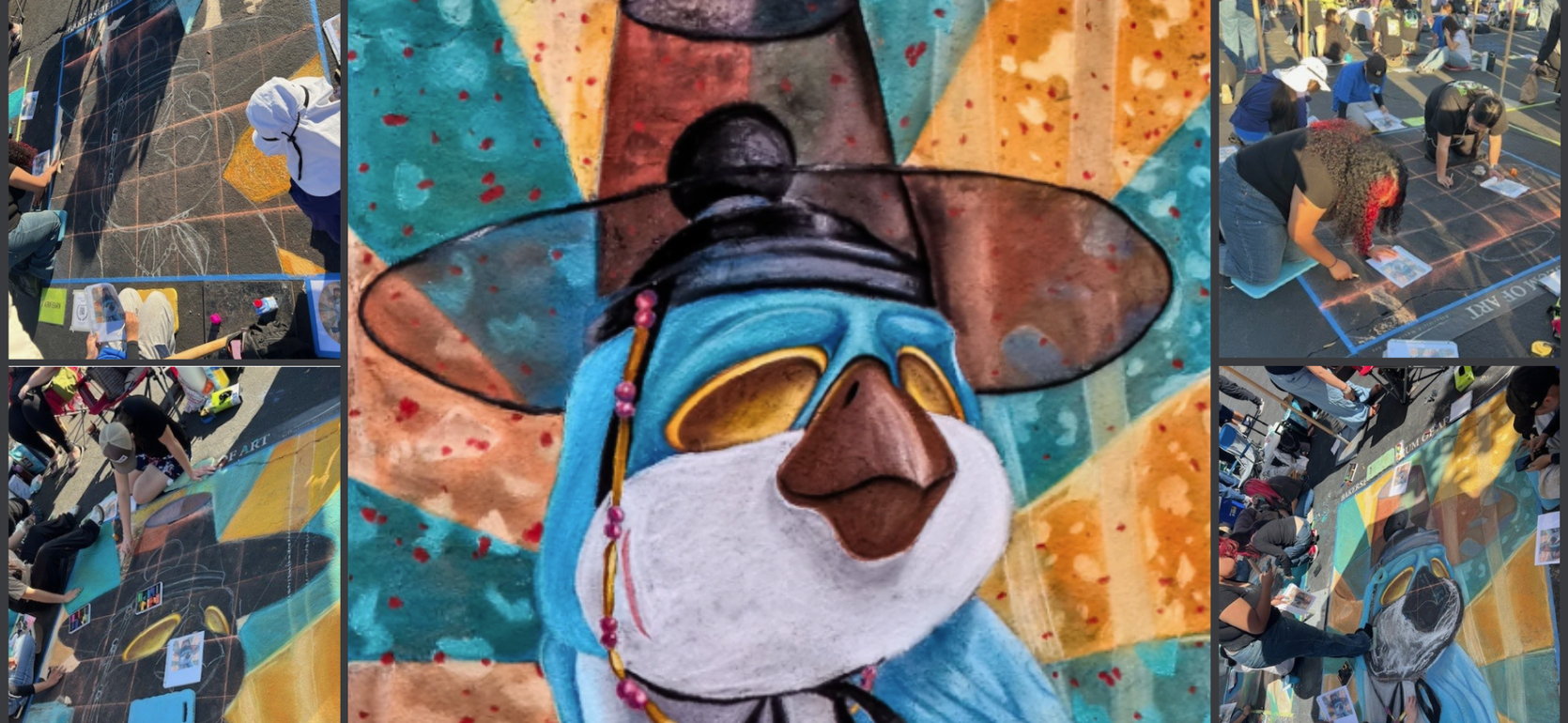 A vibrant mural featuring a blue bird in a hat, with artists working on chalk drawings.