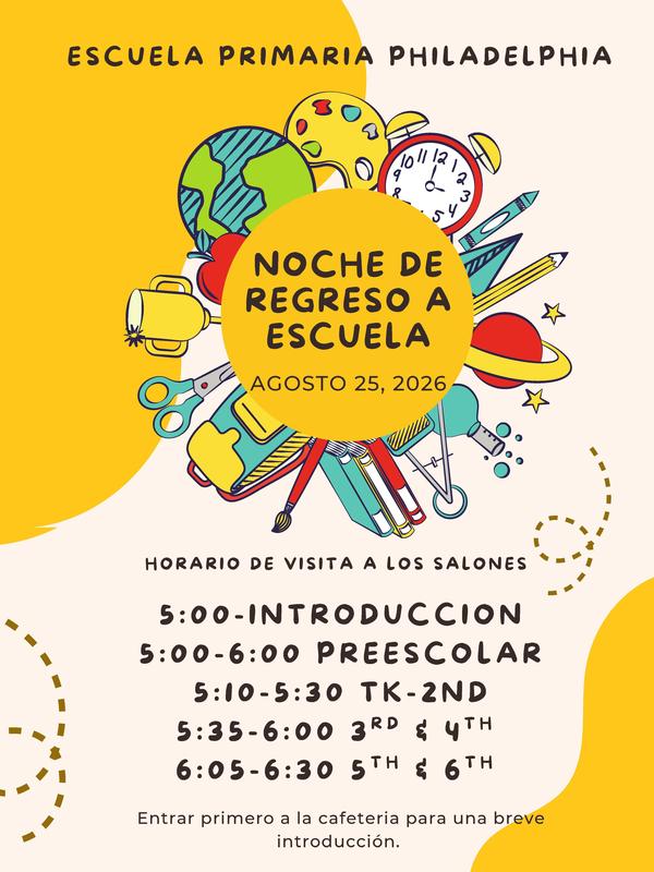 Join us for Back to School Night - Philadelphia Spanish text