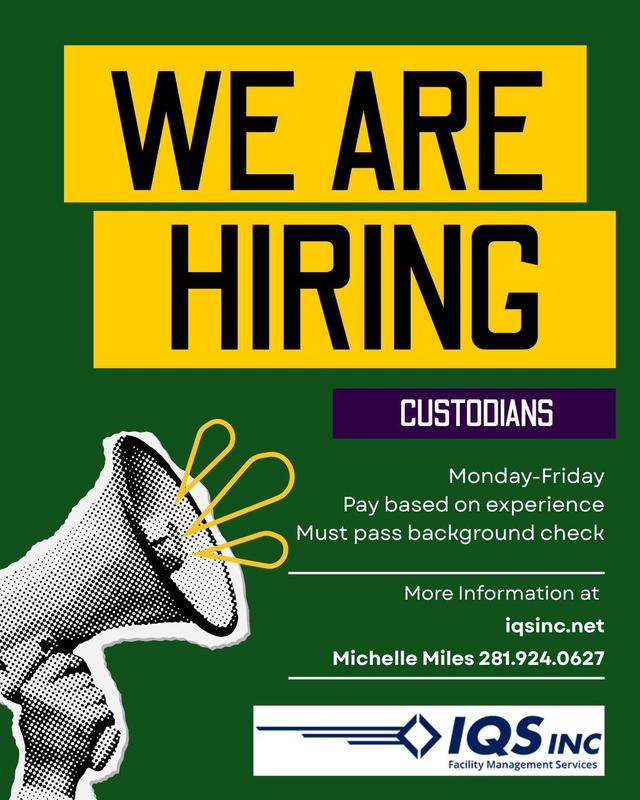 We are Hiring IQS Custodial flyer
