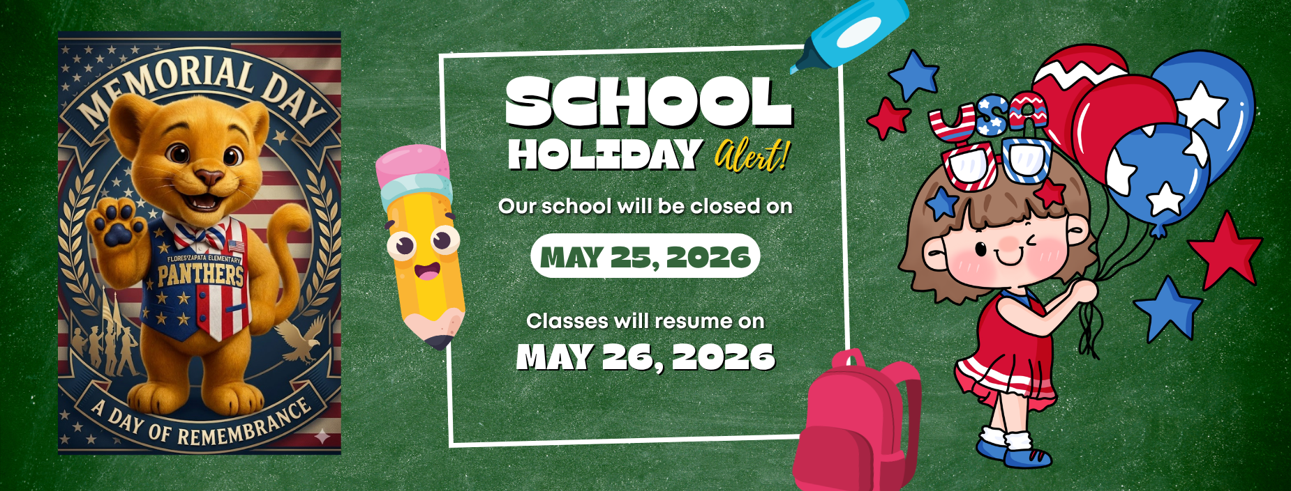 School Holiday Alert Memorial Day banner