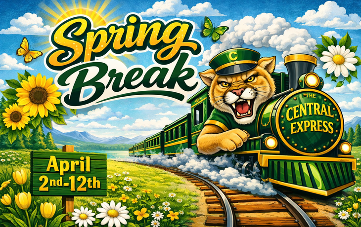 Cougar mascot on the central express picture that says spring break april 2nd-12th