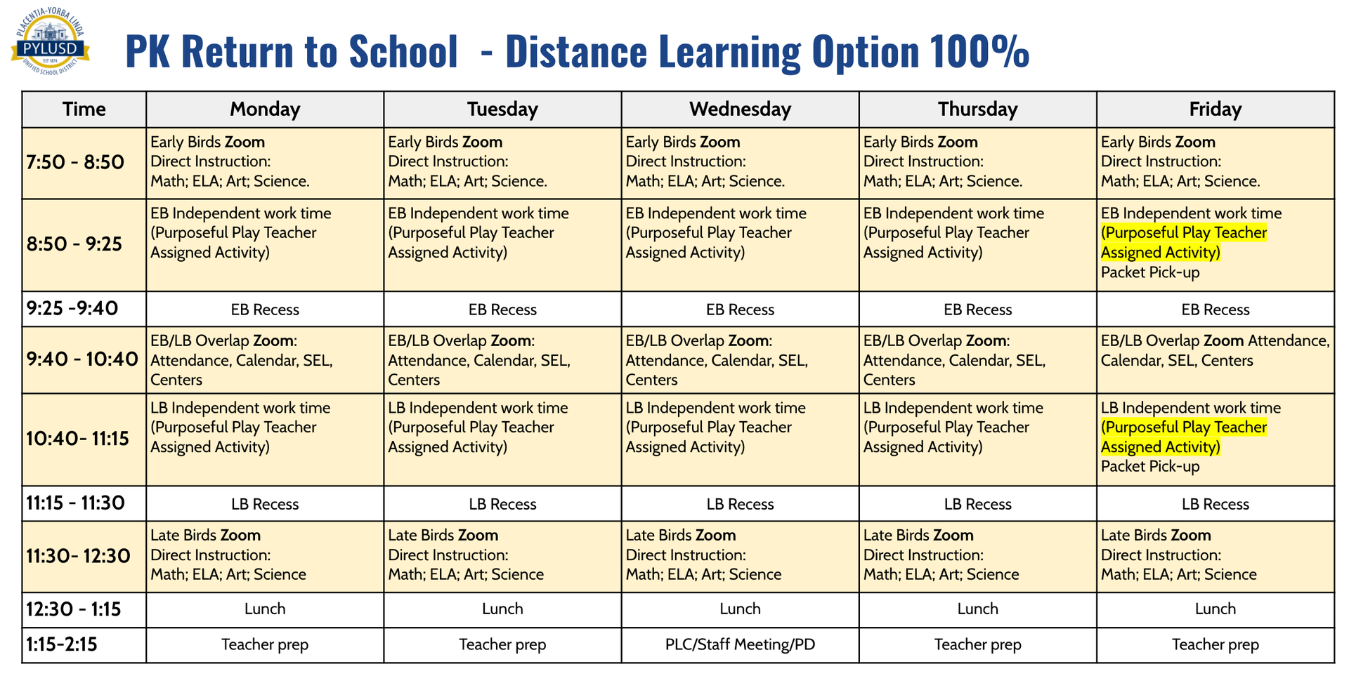 Preppy K Remote Learning Bell Schedule.