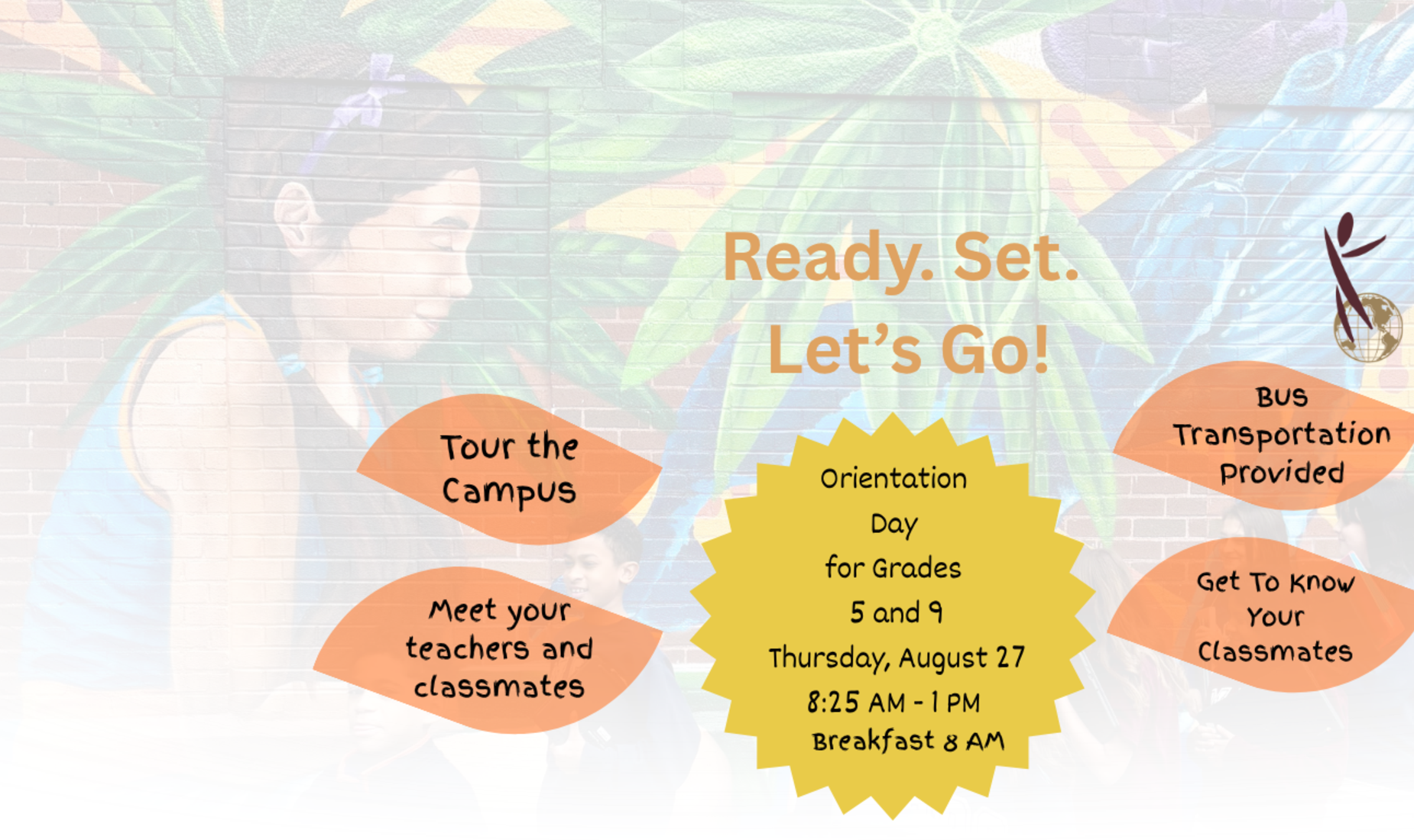 Colorful announcement for an orientation day with event details.