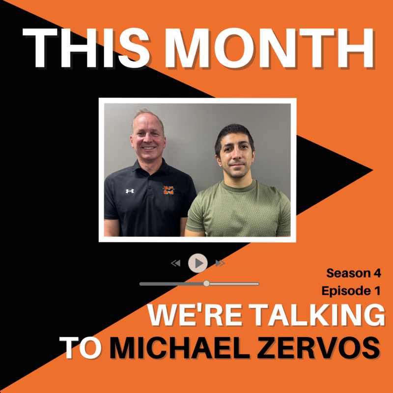 Orange and black background with a picture of Dr. Webber standing next to Michael Zervos.