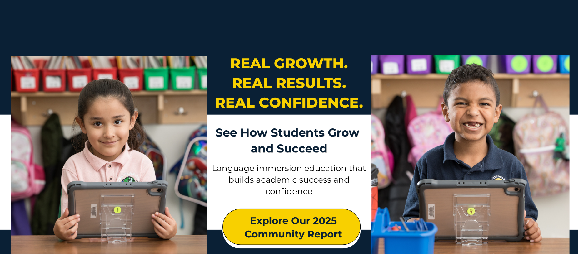 Bilingual students learning on tablets in a language immersion classroom at Global Village Academy showing academic growth and confidence