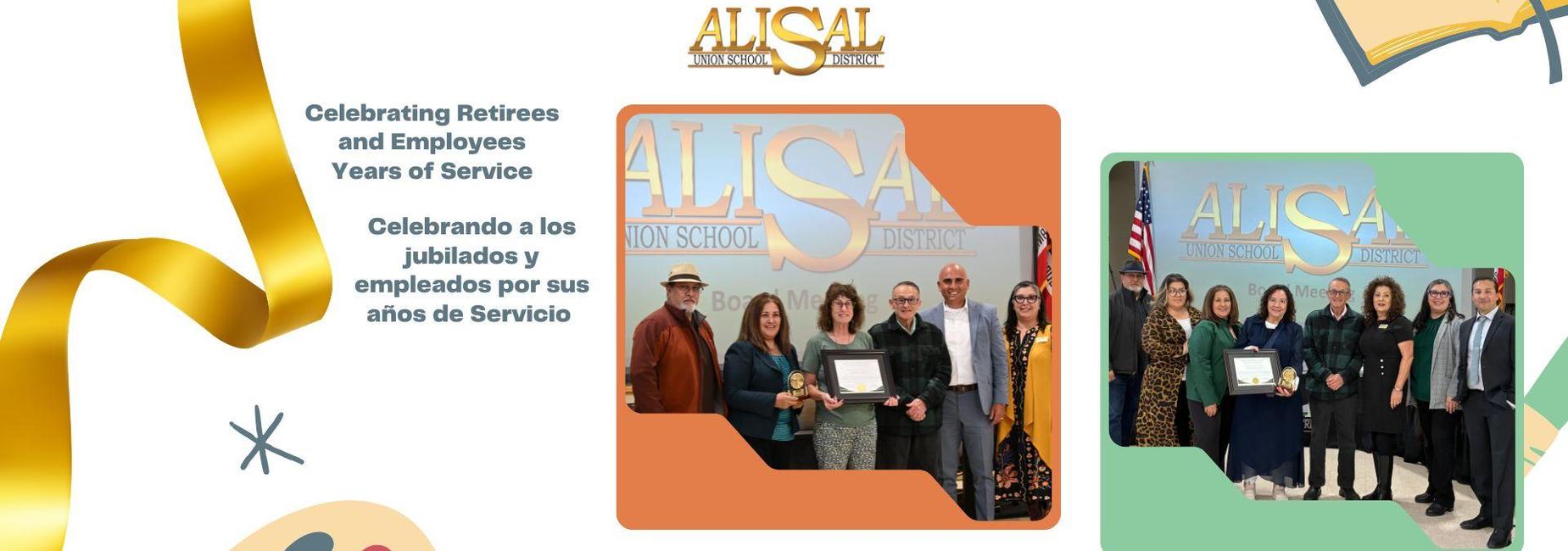 Collage with graphics and photos of men and women holding awards, in honor of retirees