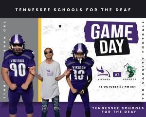 Two children in sports uniforms pose for a game day poster with text details.