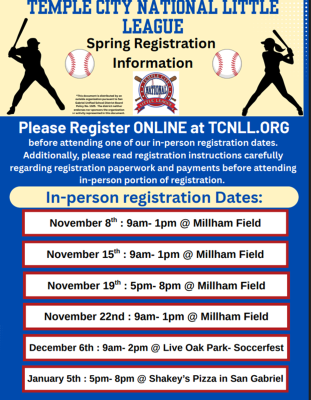 English language Little League signup info with red, white and blue accents
