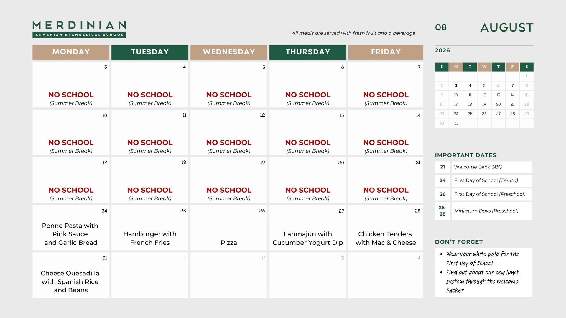 August Lunch Menu