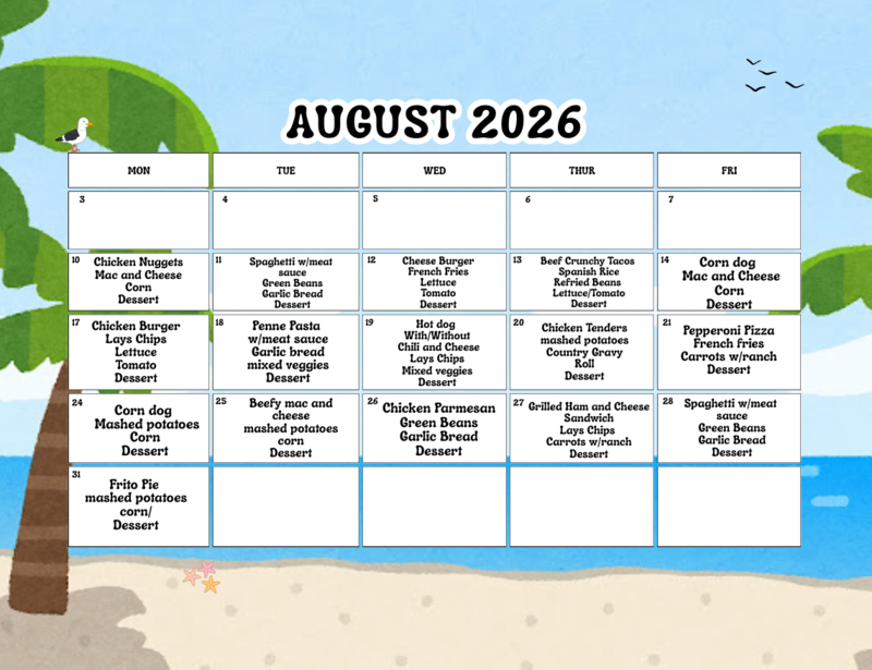August 2026 Lunch Menu