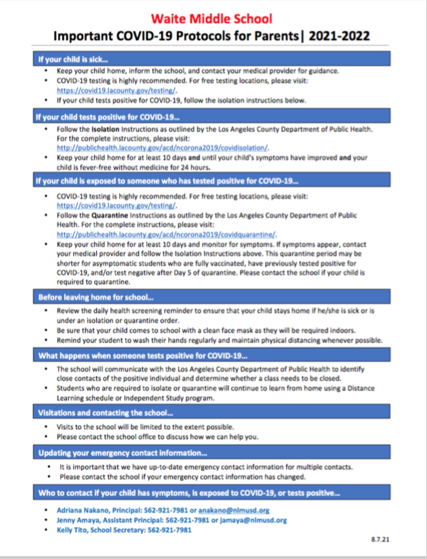 COVID Protocols for parents / Protocolos de COVID para padres Featured Photo
