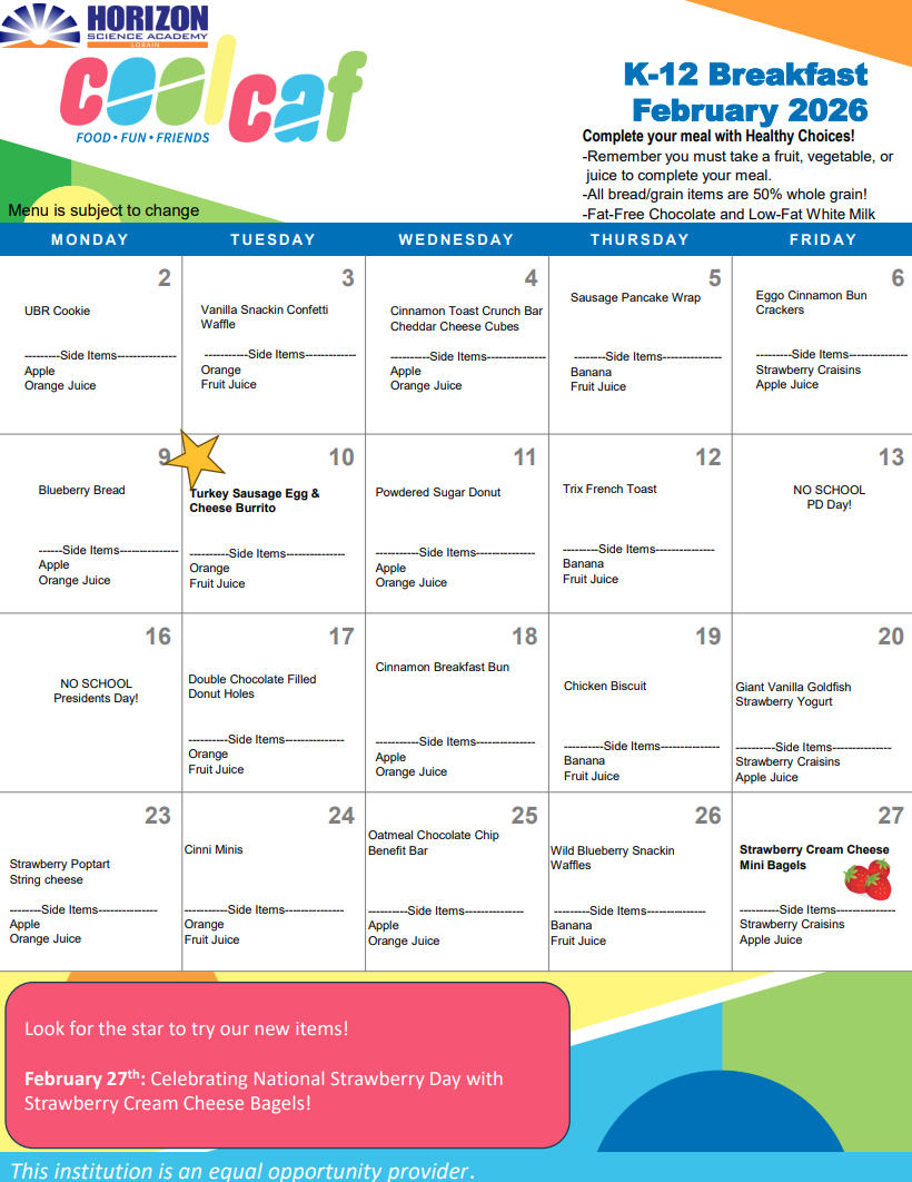 HSA Breakfast Menu February 2026