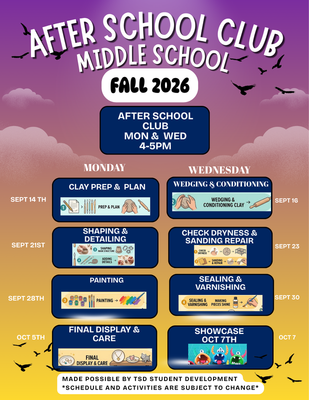 After School Club schedule for Fall 2026 with activities listed for each week.