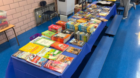 Close up of books arranged in rows on a table