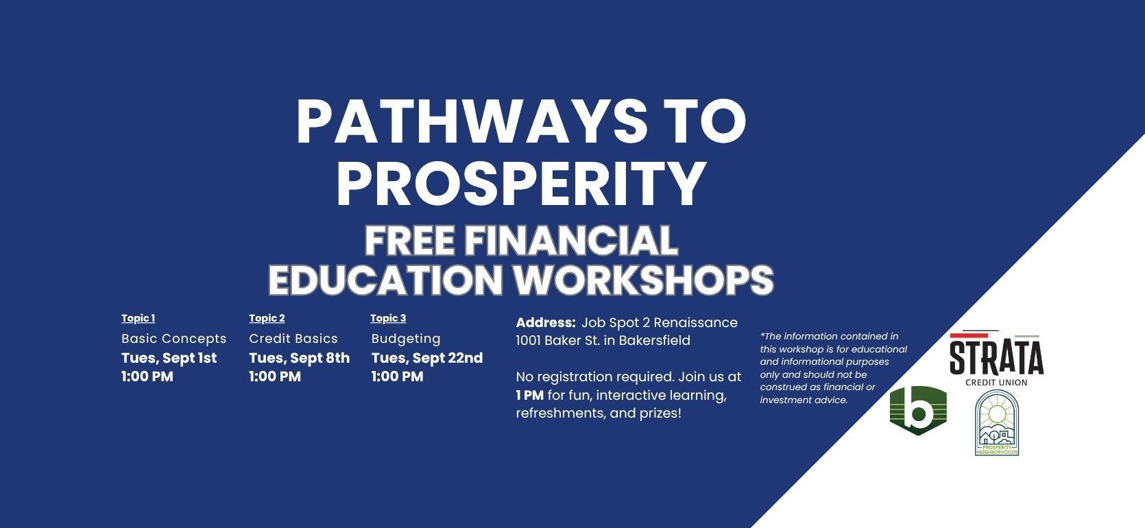 Event flyer promoting free financial education workshops.