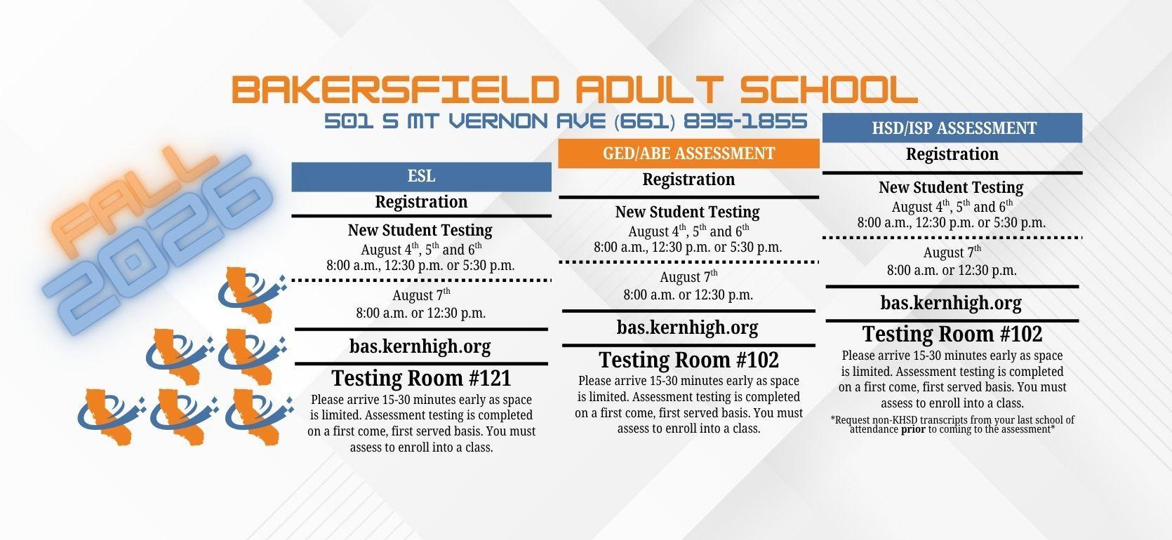 Fall 2025 schedule for Bakersfield Adult School registration and assessments.