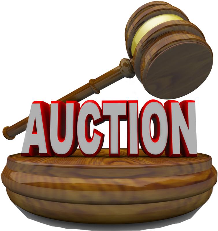 Brown gavel resting on a wooden platform with bold red 'AUCTION' text.