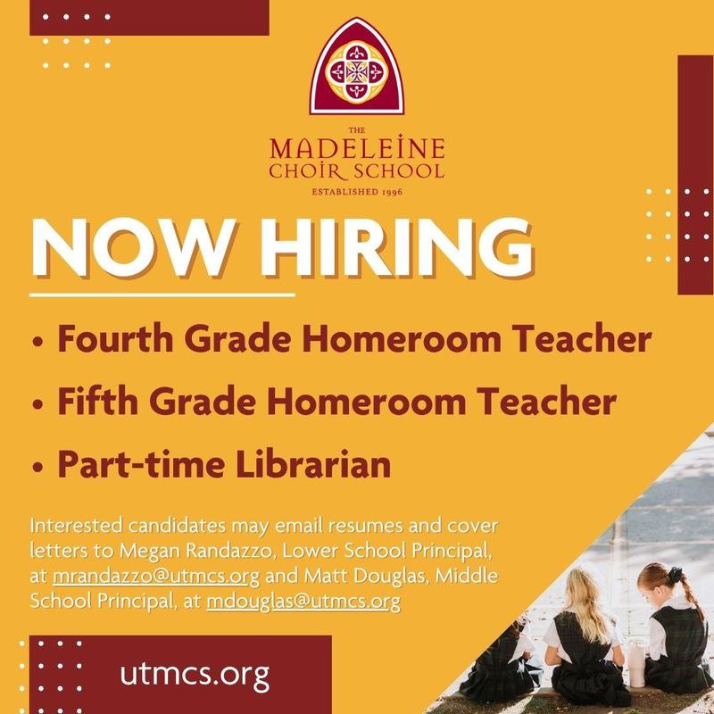 now hiring 4th grade, 5th grade and part-time librarian