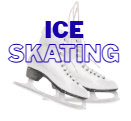 A pair of white ice skates with the text 'ICE SKATING' in blue above.