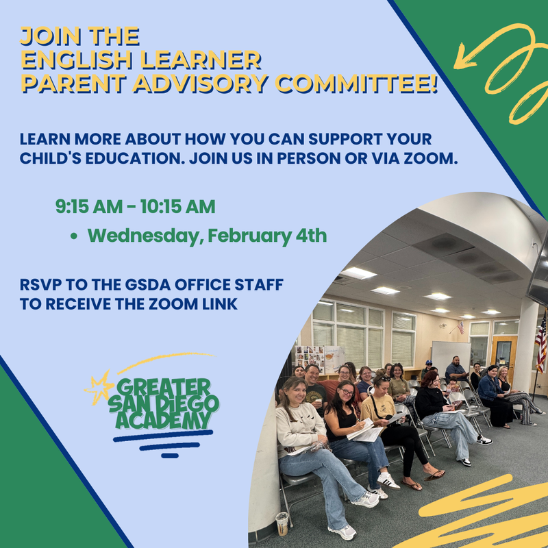 Infographic with details about a parent meeting date, time and place. photo of parents.