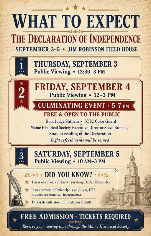 Flyer about the Declaration of Independence showing at Foxcroft Academy
