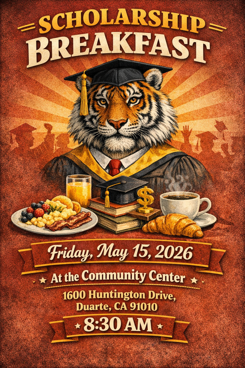 A whimsical poster featuring a tiger in a graduation cap at a breakfast event.