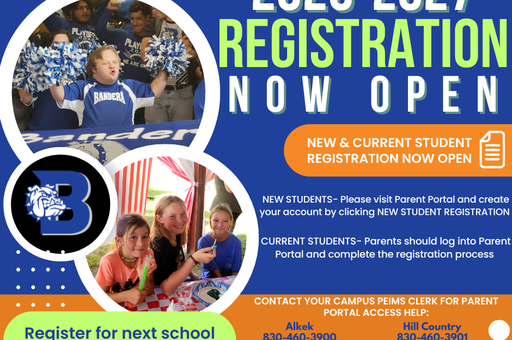 2023-2024 registration announcement with students cheering and contact details.