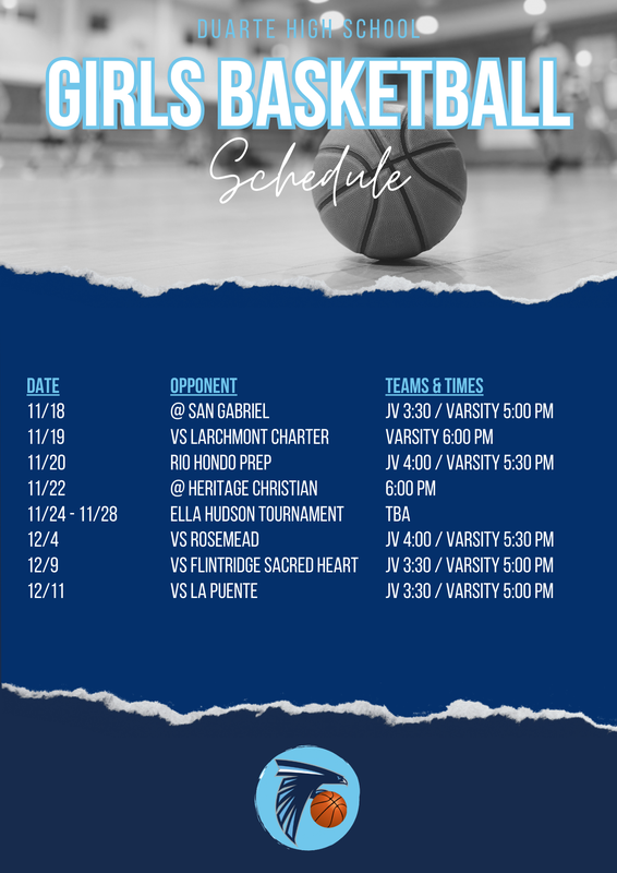 Girls basketball schedule with match details for Duarte High School.