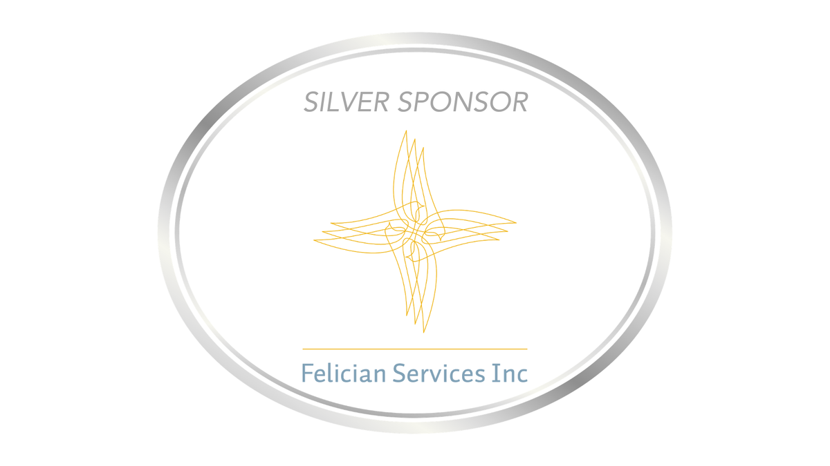 silver oval with Felician Services Inc logo inside