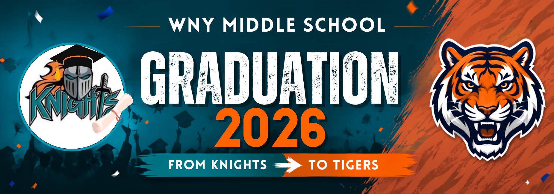 WNY Middle School graduation banner with Knights and Tigers logos for 2026.