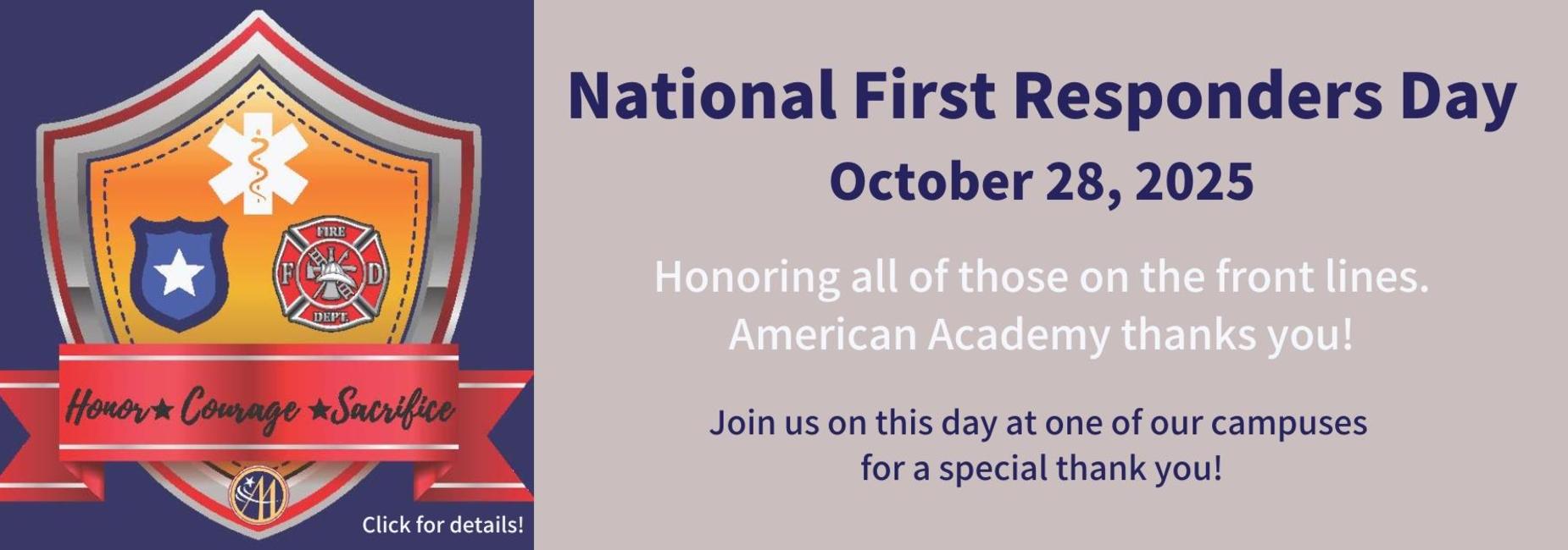 Shield design with text celebrating National First Responders Day on October 28, 2025.