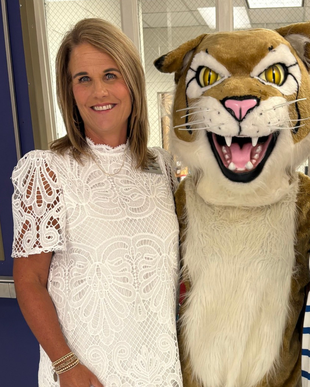 Mrs. Cliatt and Bobcat mascot