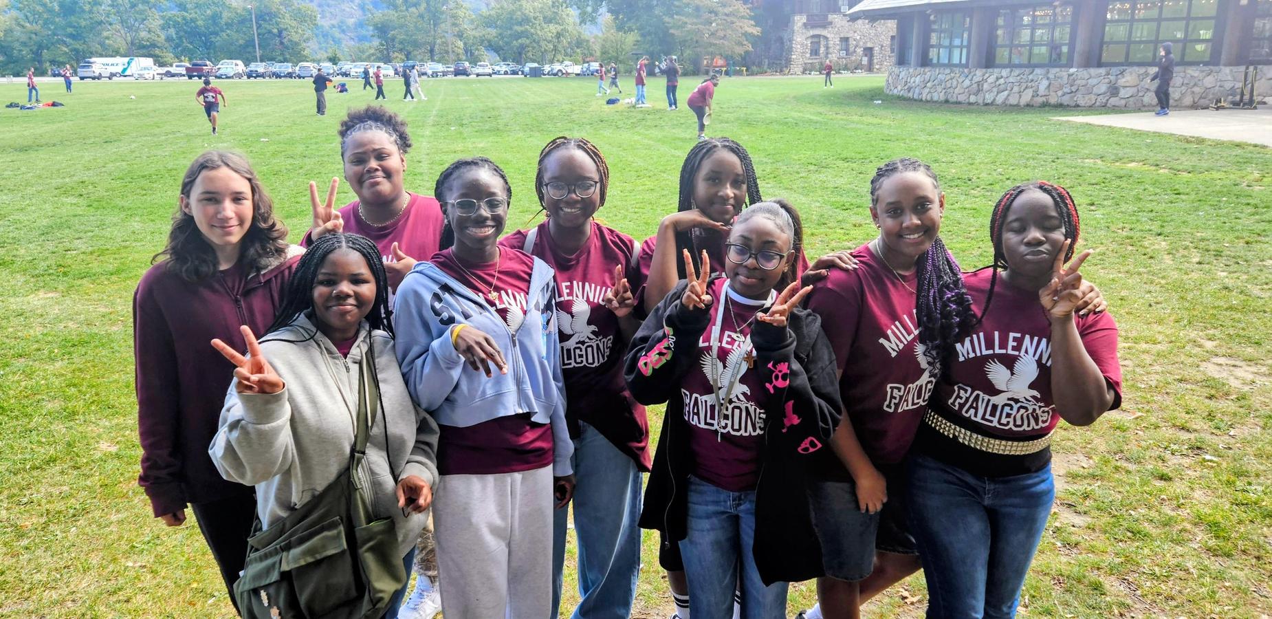 Students pose for community building trip.