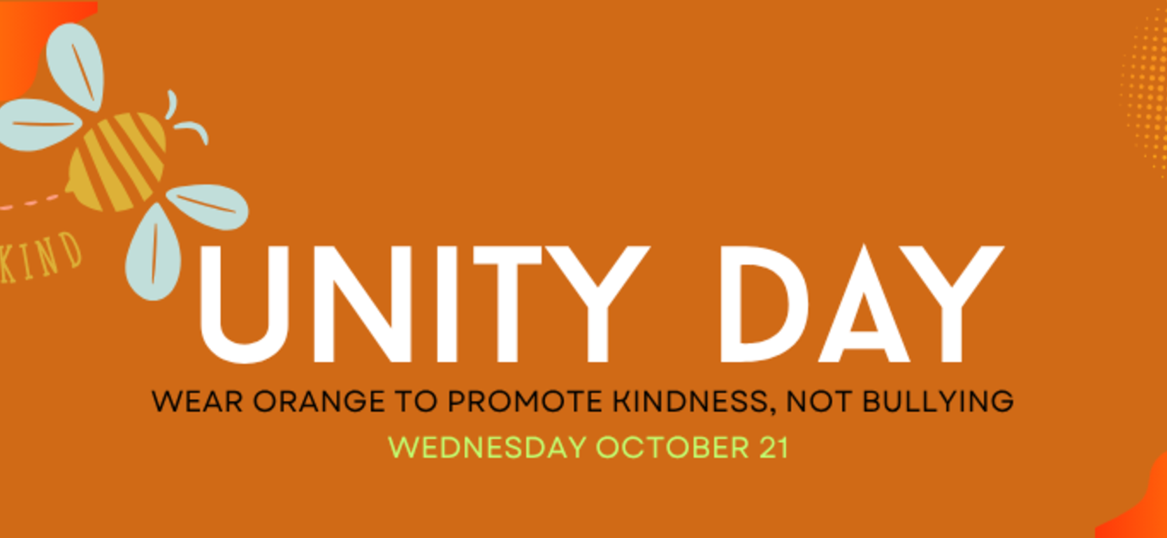 Unity Day poster promoting kindness with a bee and orange background.