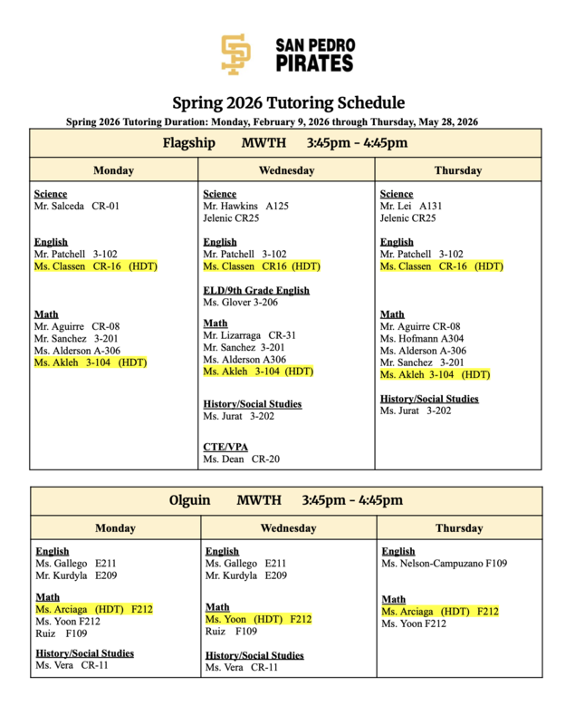 SPHS Spring 2026 After-school Tutoring Schedule