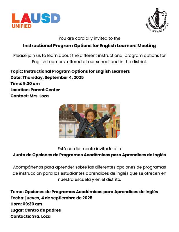 Instructional Program Options for English Learners Meeting /Junta de Opciones de Programas Académicos para Aprendices de Inglés