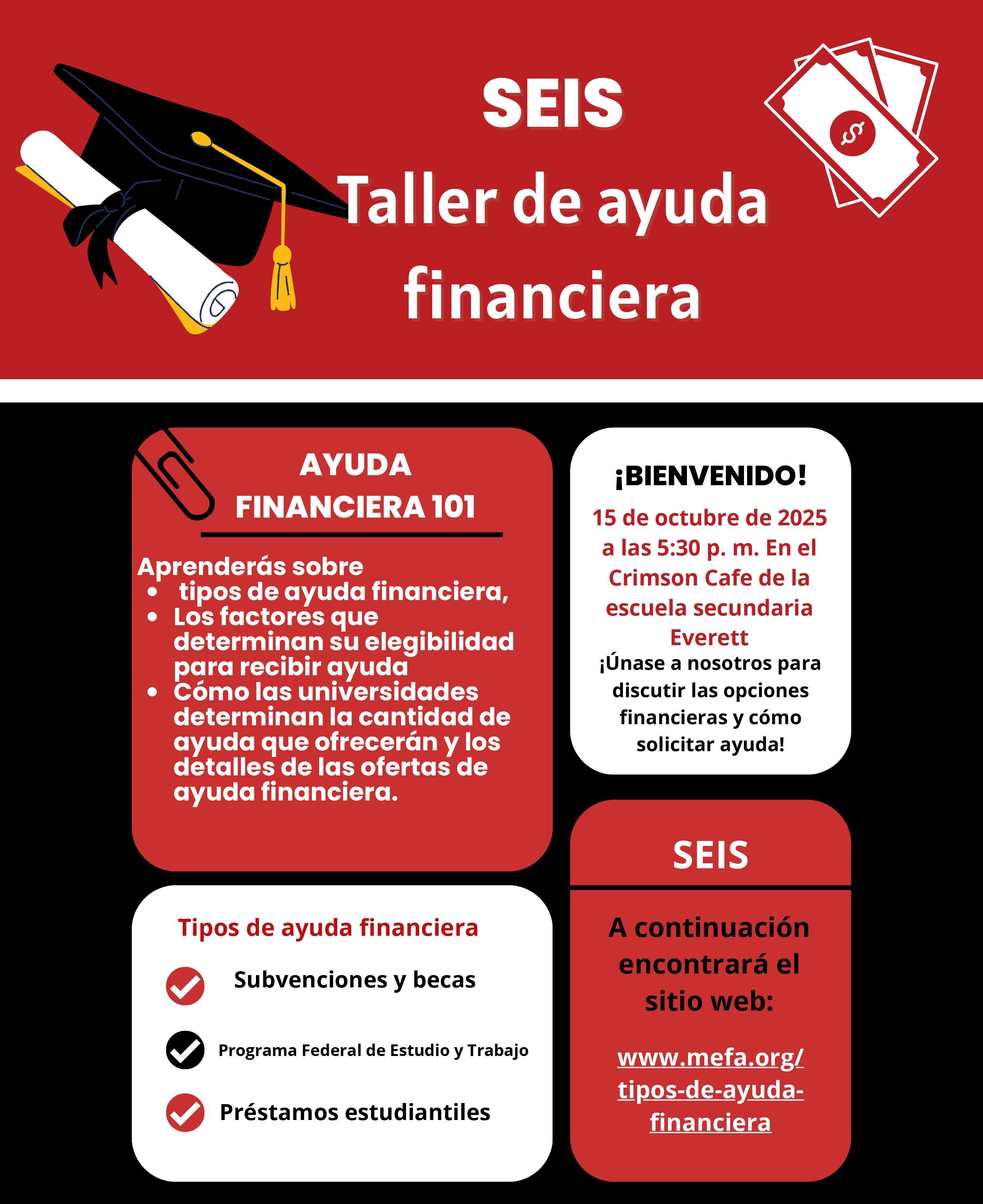 Event flyer for financial aid workshop, detailing types and eligibility.