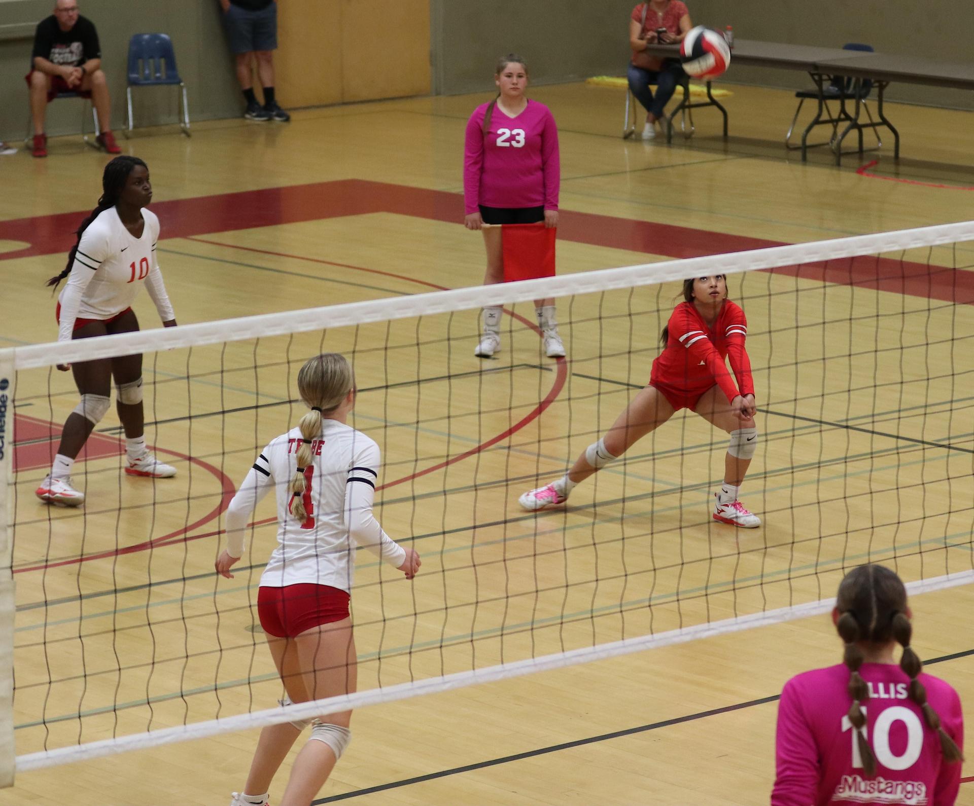 varsity volleyball players in action against Minarets