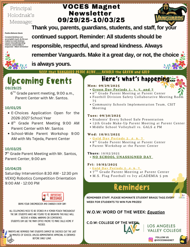 newsletter 9/29 to 10/3 with event details