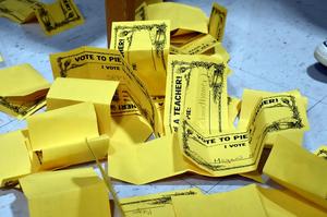 a pile of yellow papers