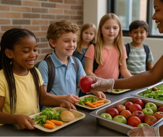 Students in the hot lunch line receiving food