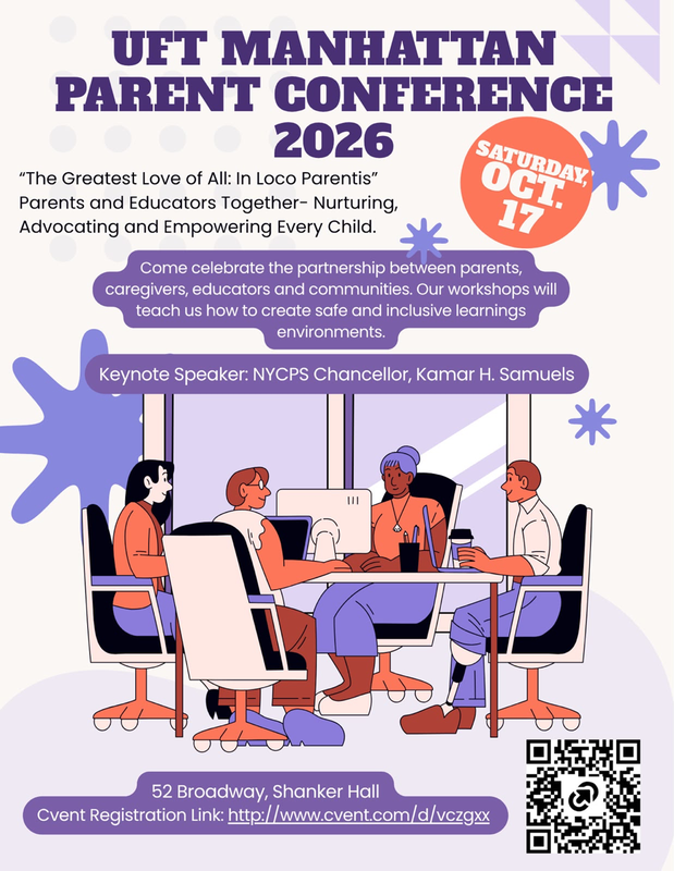 Event flyer for UFT Manhattan Parent Conference 2026 with details and illustrations.